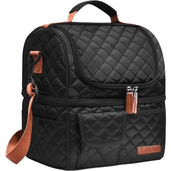 LUNCH Bag Women Double Deck Insulated Lunch Box, Black-Square